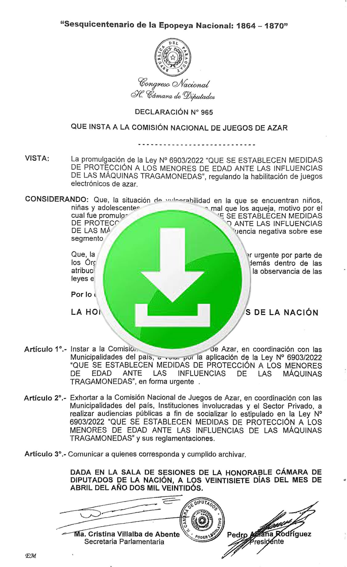Descargar: Cámara de Diputado Declaración Nº 965